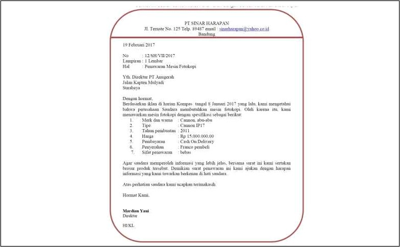 Contoh Surat Keluar Perusahaan Tentang Penawaran Barang