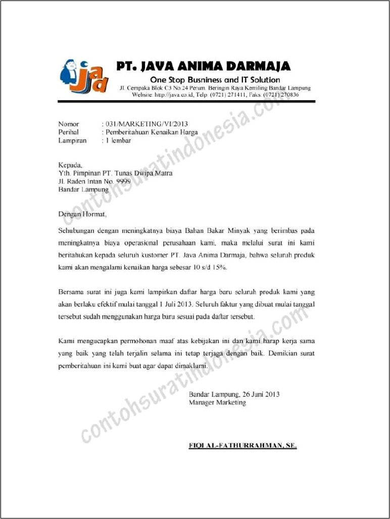 Contoh Surat Kepada Internal Perusahaan