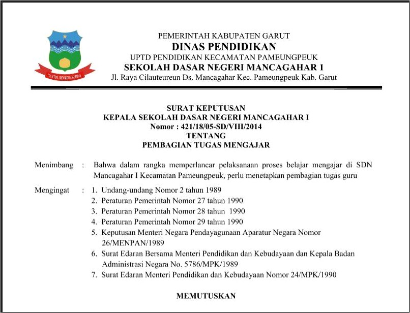 Contoh Surat Keputusan Dinas Dan Pembagian