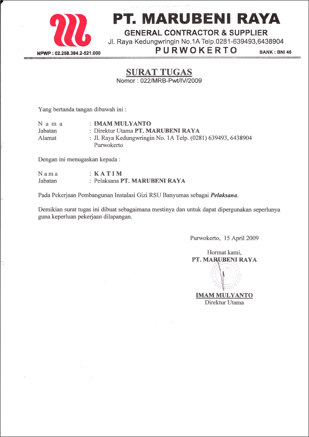 Contoh Surat Keputusan Instruksi Perusahaan