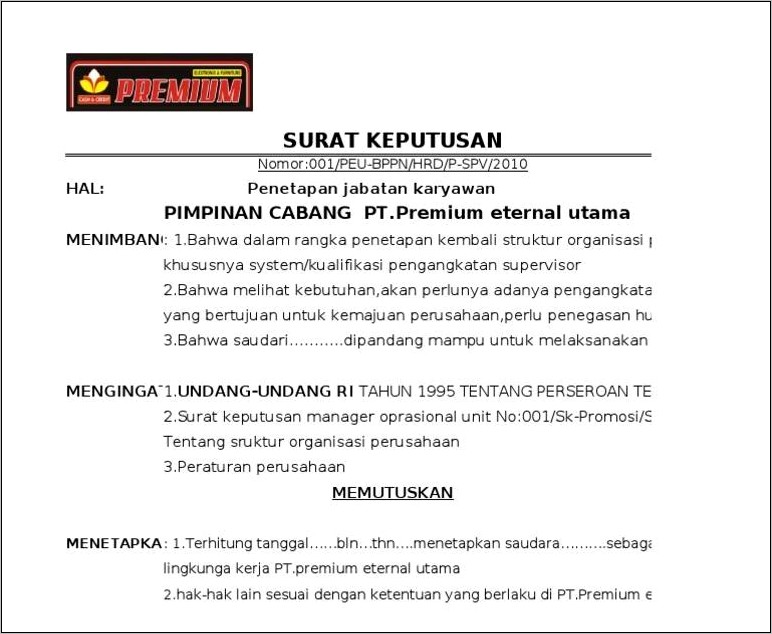 Contoh Surat Keputusan Pengangkatan Jabatan Di Perusahaan