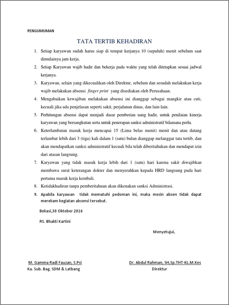 Contoh Surat Keputusan Tata Tertib Perusahaan