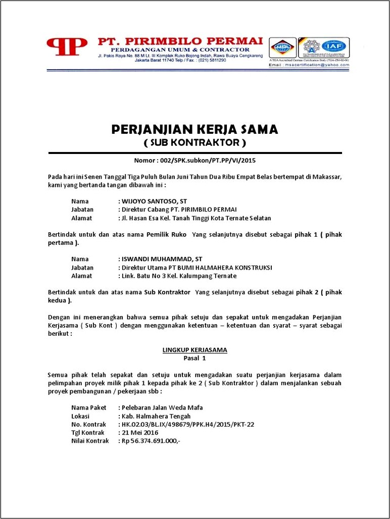 Contoh Surat Kerjasama Perusahaan Subcon