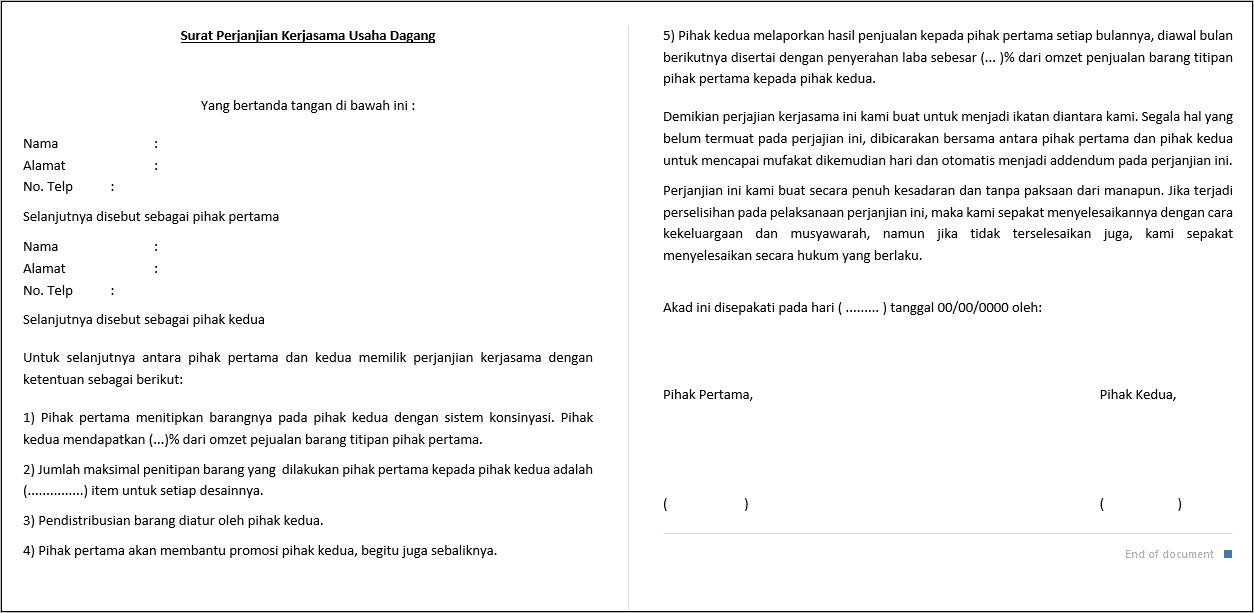 Contoh Surat Kerjasama Usaha Bagi Hasil