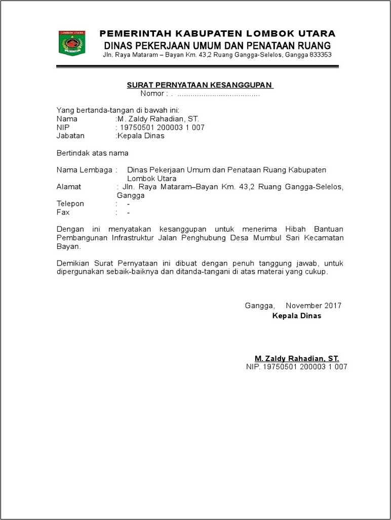 Contoh Surat Kesanggupan Dikunjungi Dinas Kesehatan