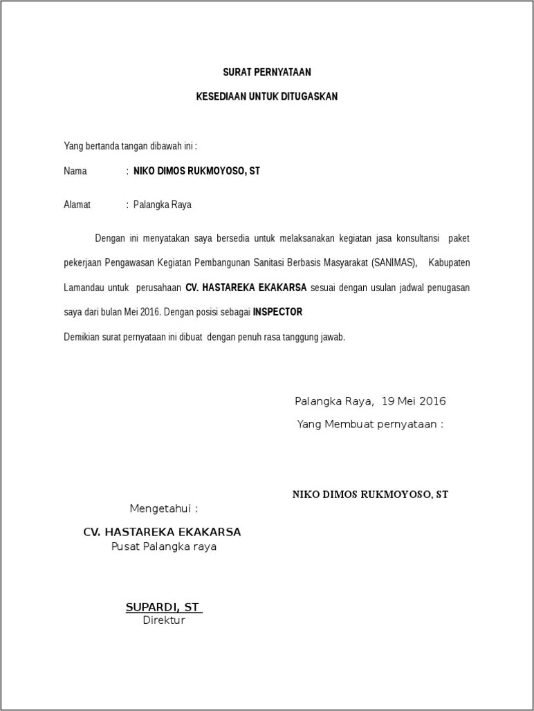 Contoh Surat Kesediaan Ditugaskan Dari Perusahaan