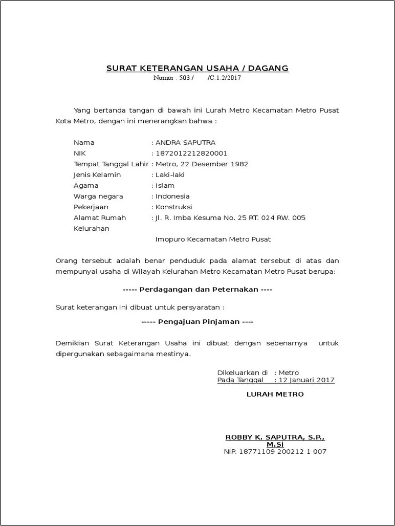 Contoh Surat Keterangna Usaha Dari Kecamatan