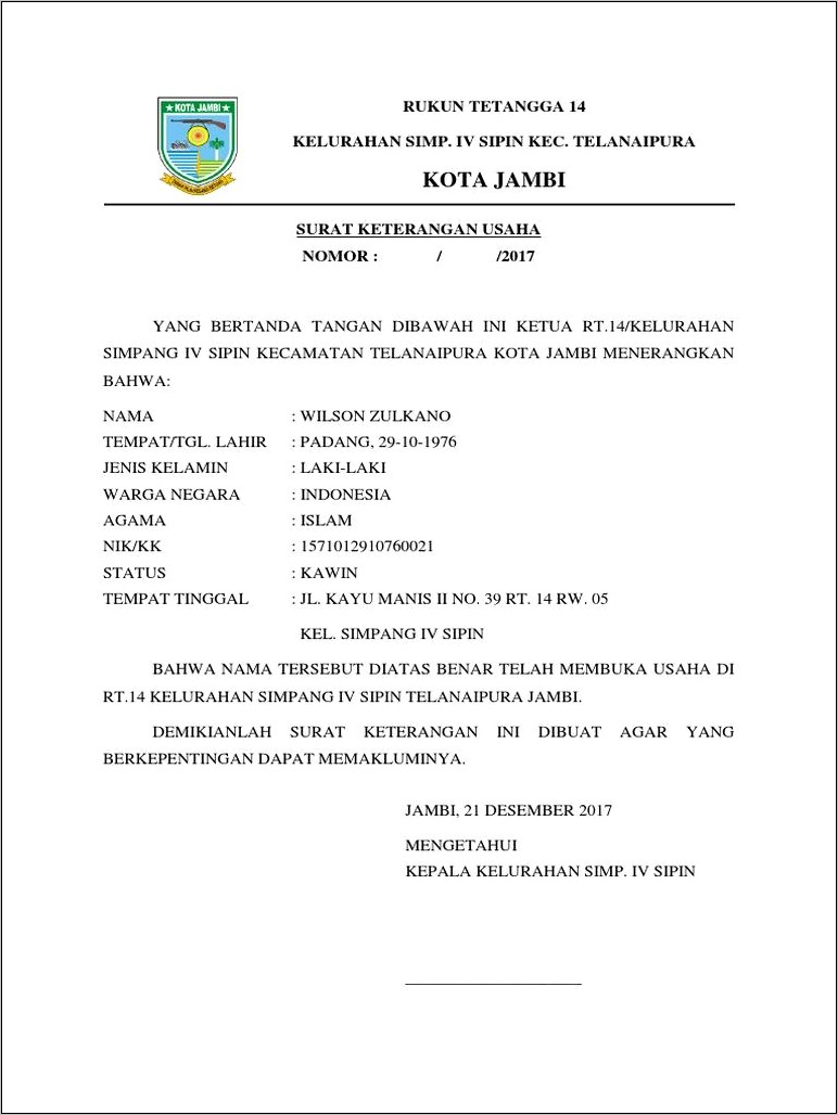 Contoh Surat Keterrangan Usaha