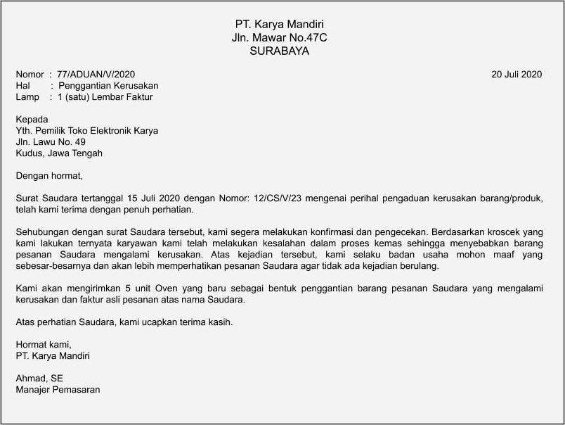 Contoh Surat Komplain Di Perusahaan