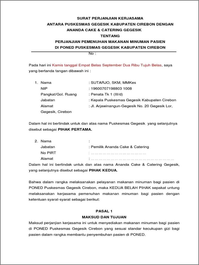 Contoh Surat Kontrak Kerjasama Perusahaan Makanan