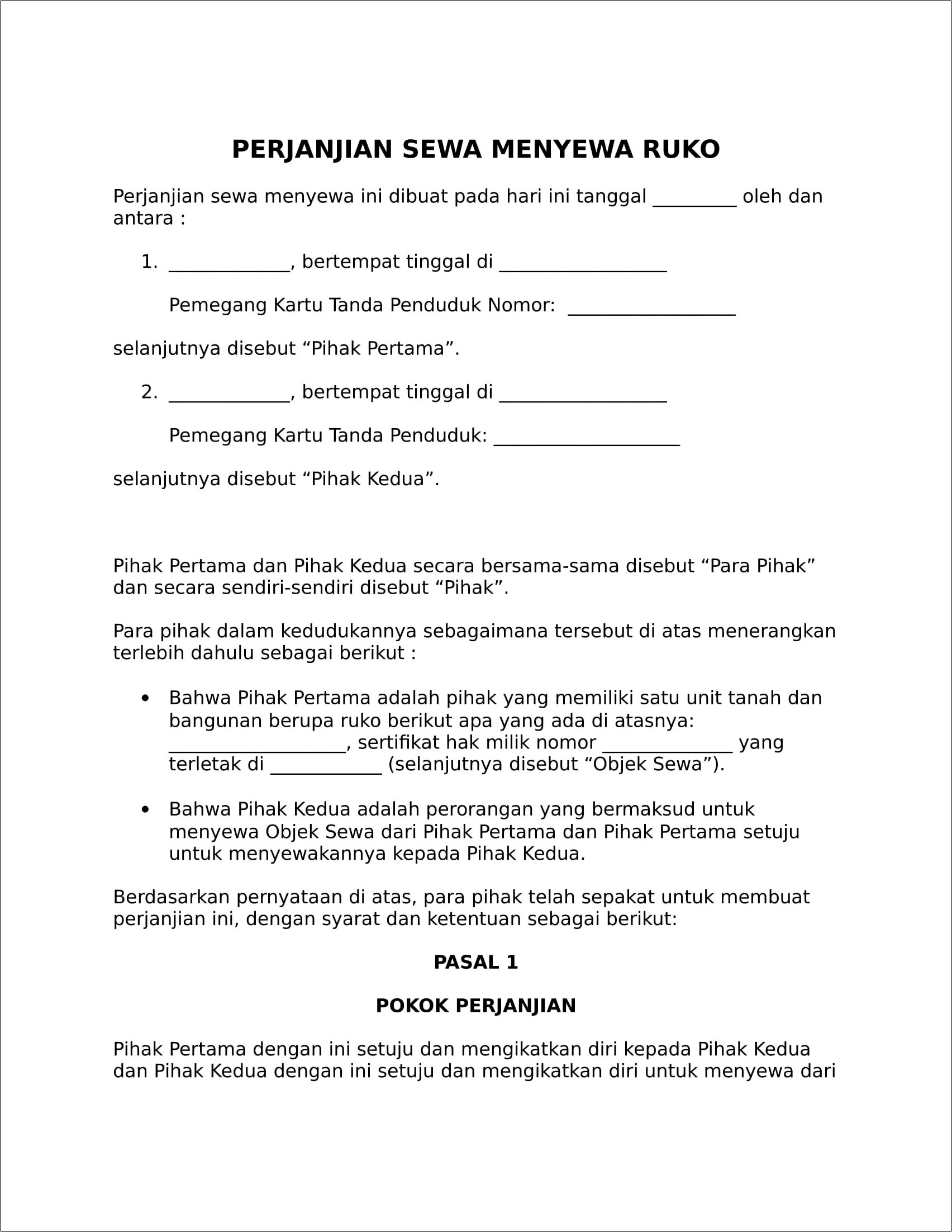 Contoh Surat Kontrak Ruko Untuk Usaha