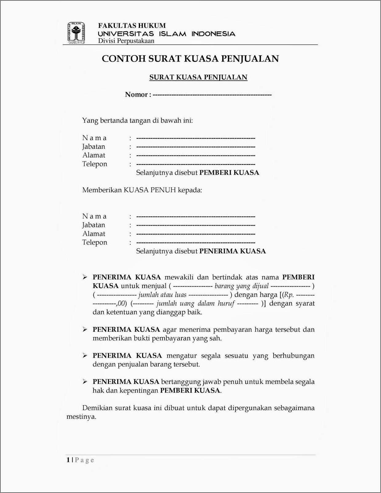 Contoh Surat Kuasa Beli Dari Perusahaan Kepada Perorangan