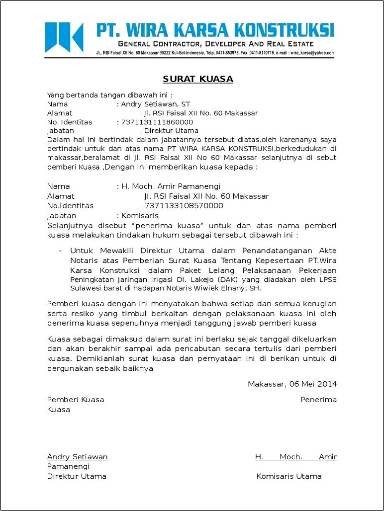 Contoh Surat Kuasa Direksi Perusahaan