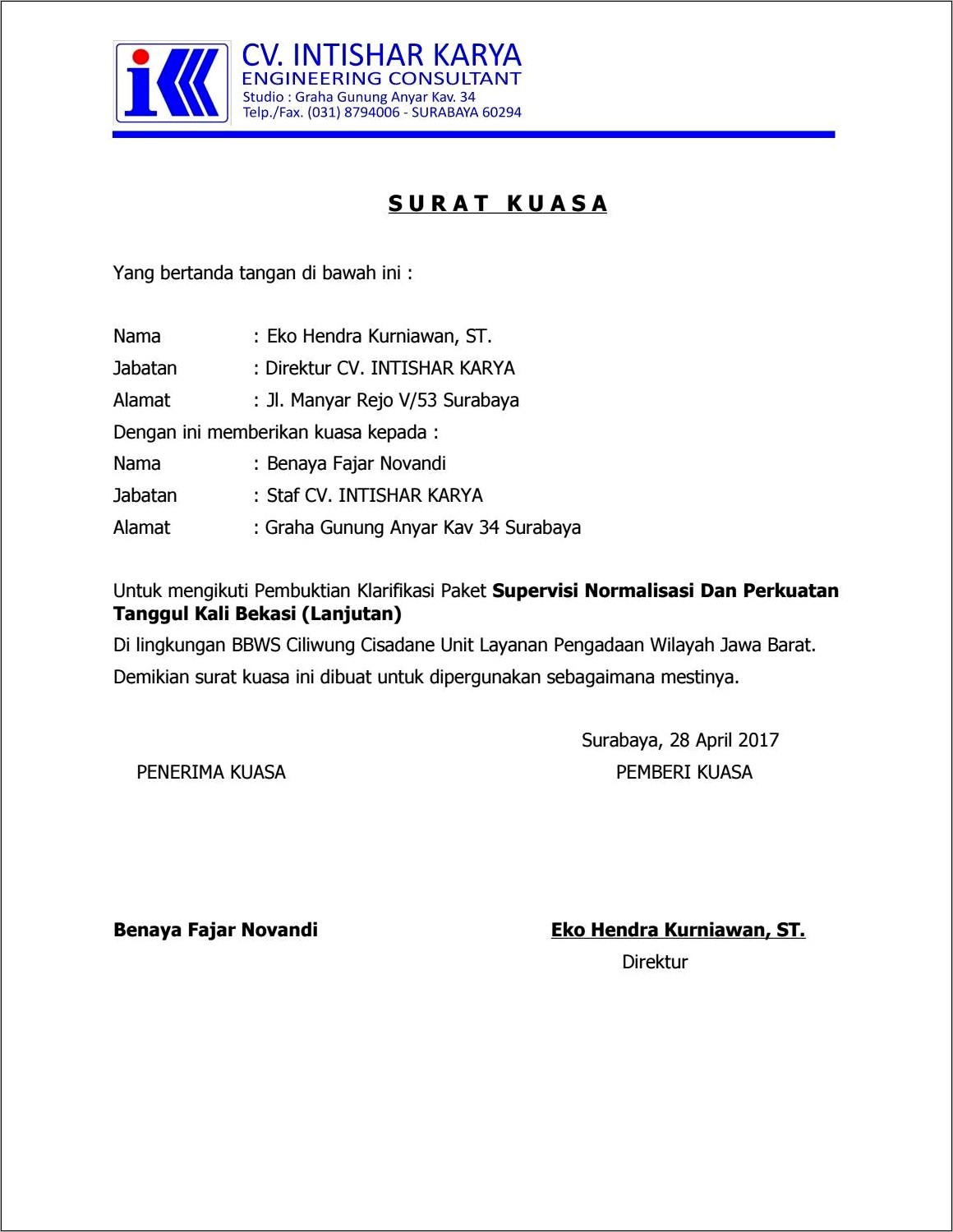 Contoh Surat Kuasa Direktur Perusahaan Pembuktian Kualifikasi