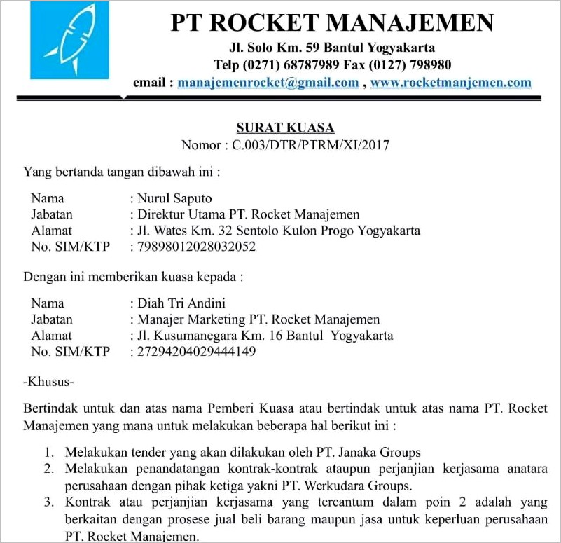 Contoh Surat Kuasa Internal Perusahaan