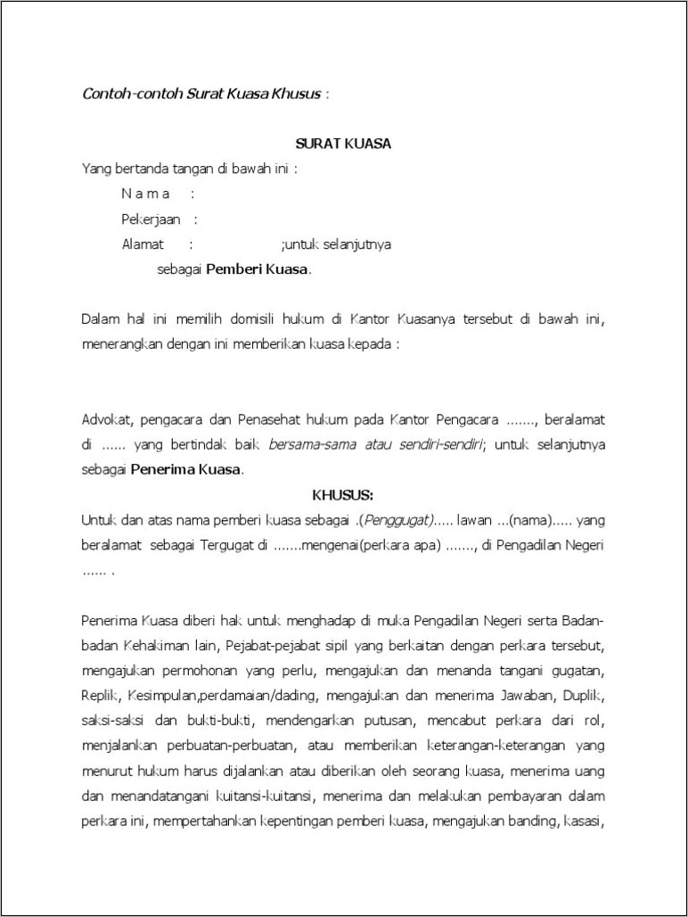 Contoh Surat Kuasa Khusus Mewakili Perusahaan