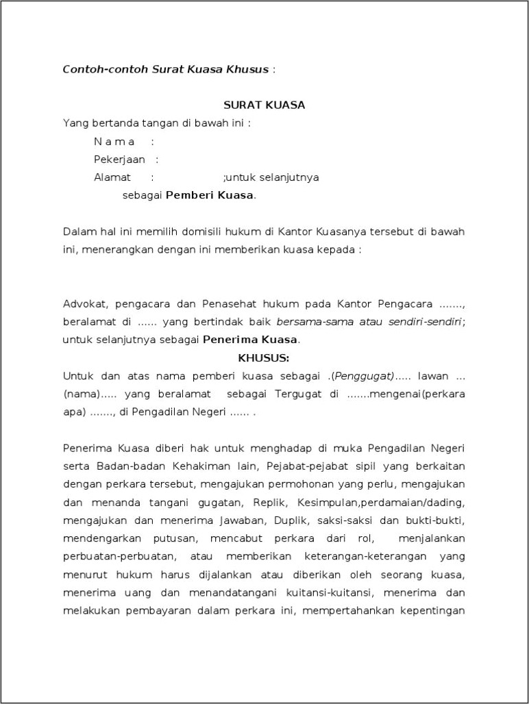 Contoh Surat Kuasa Tergugat Seorang Perusahaan