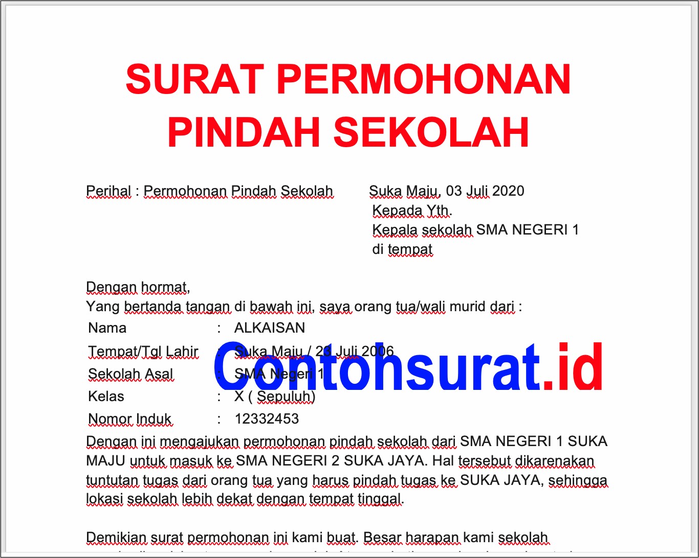 Contoh Surat Mutasi Siwa Untuk Sma Dari Dinas