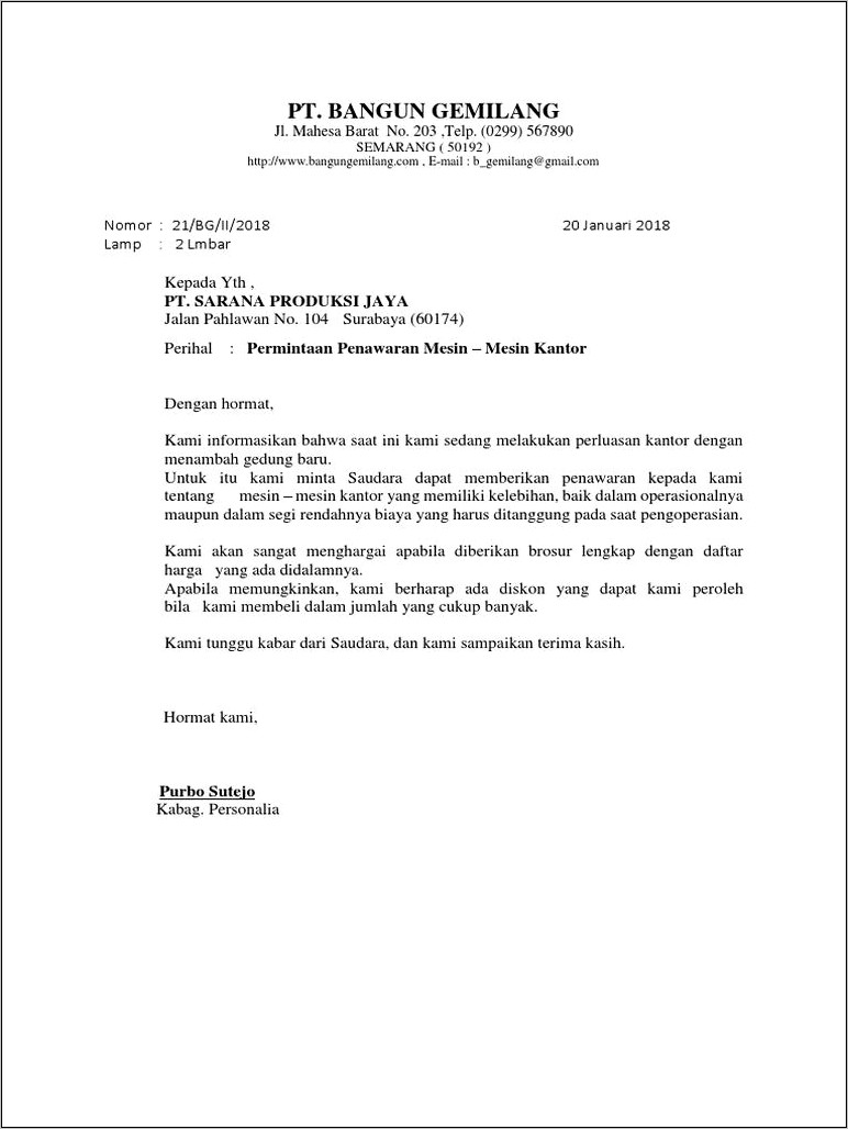 Contoh Surat Niaga Bentuk Dinas B