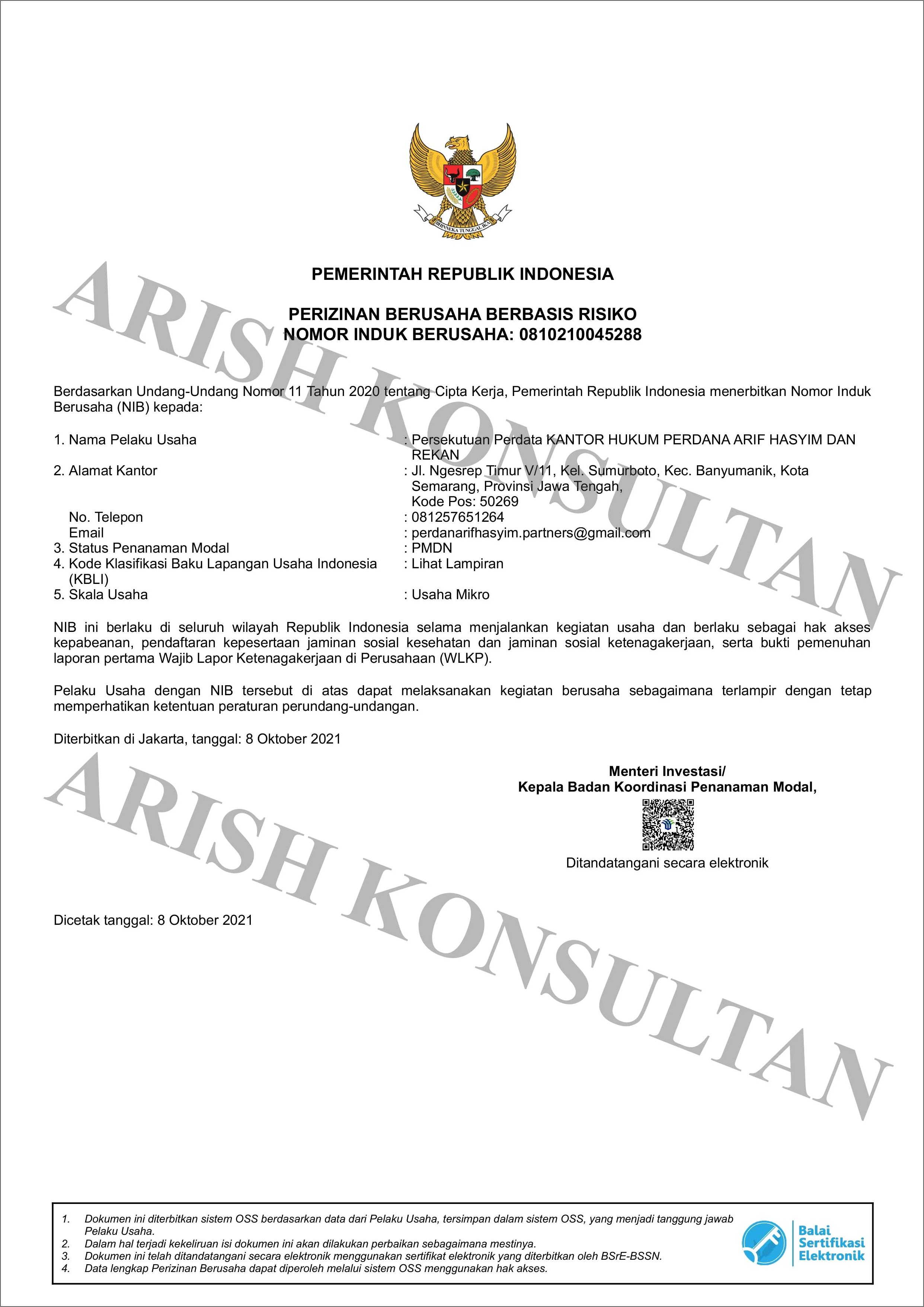 Contoh Surat Nomor Induk Berusaha