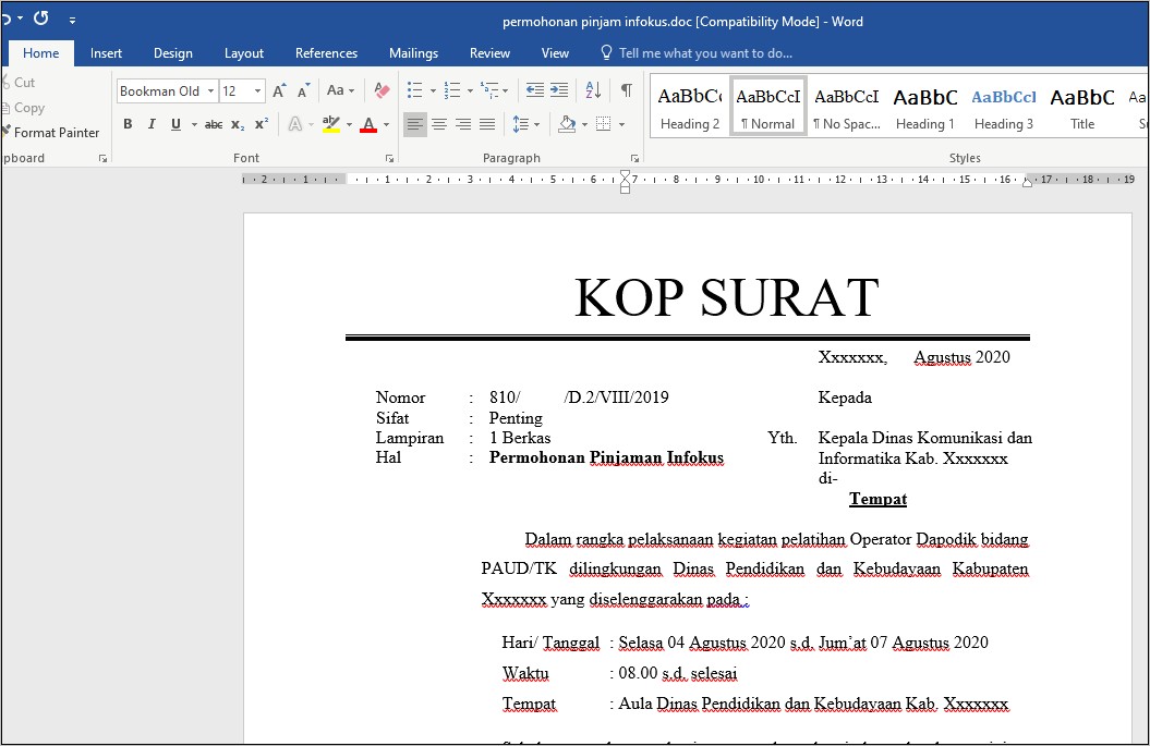 Contoh Surat Nota Dinas Peminjaman Infokus