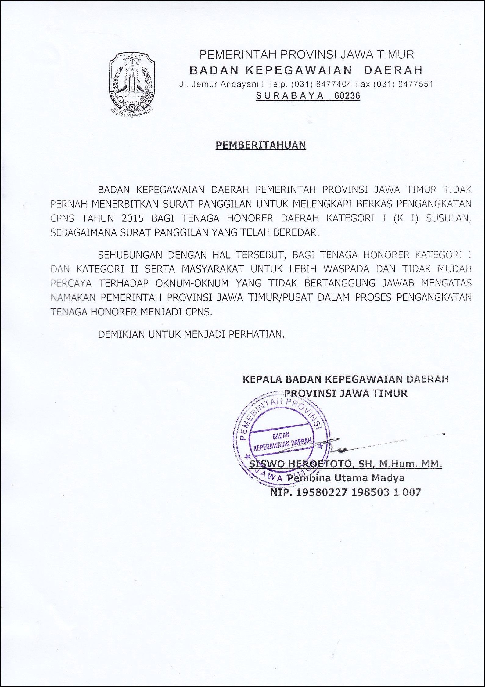 Contoh Surat Panggilan Dinas Pns