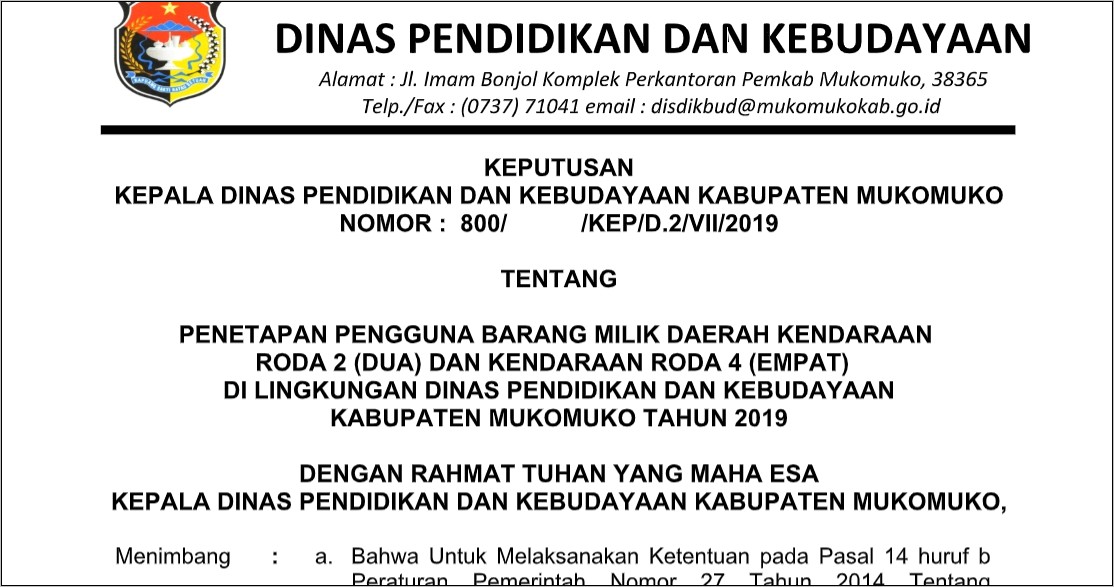 Contoh Surat Pemakaian Kendaraan Dinas