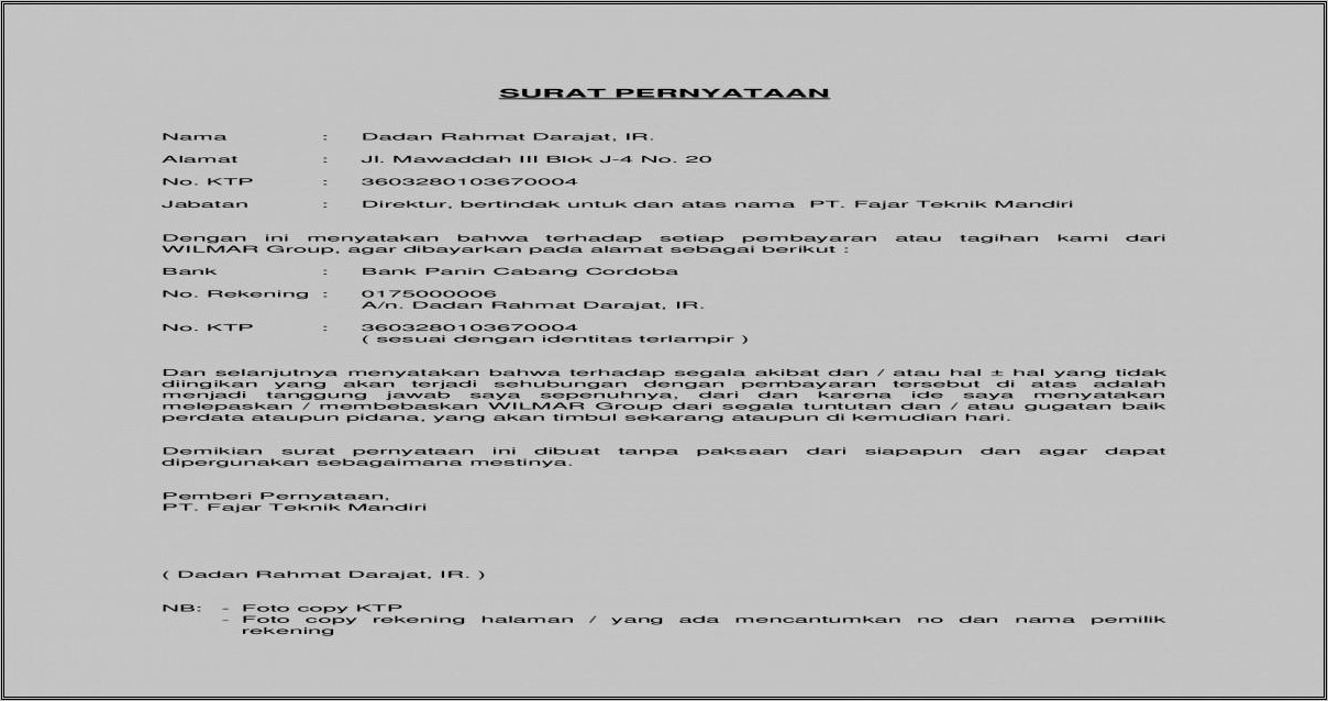 Contoh Surat Pemberitahuan Nomor Rekening Bank Perusahaan