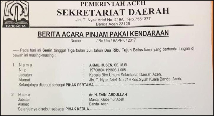 Contoh Surat Peminjaman Barang Dinas