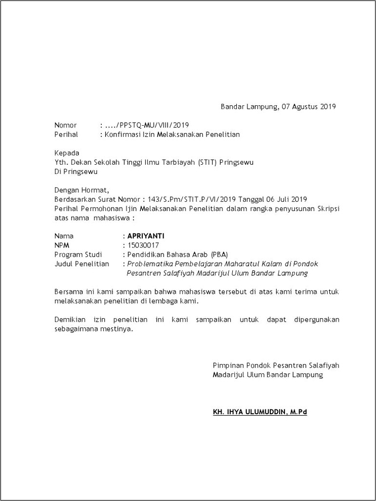 Contoh Surat Penerimaan Izin Belajar Dari Dayah Di Aceh