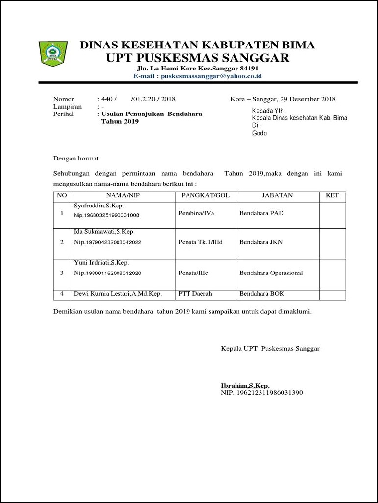 Contoh Surat Pengajuan Bendahara Ke Dinas Kesehatan