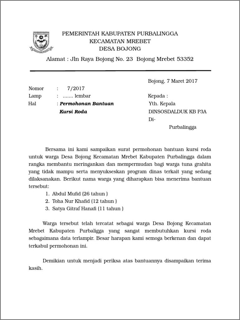 Contoh Surat Pengajuan Ke Dinas Sosial