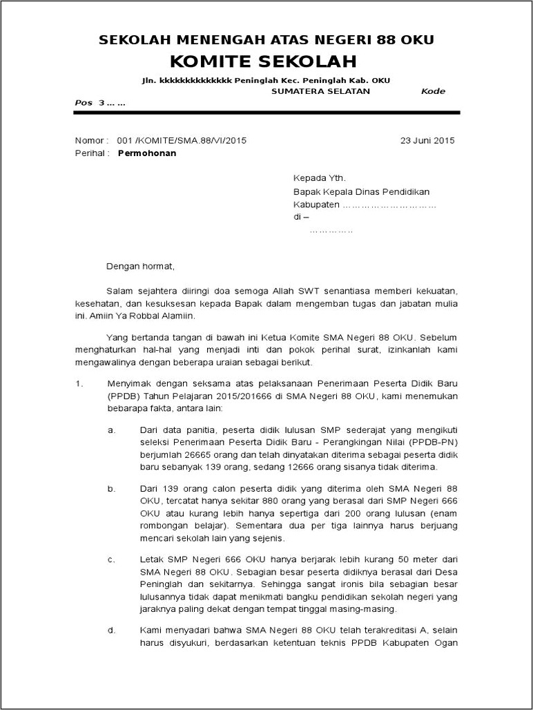 Contoh Surat Pengajuan Penerimaan Peserta Didik Baru Ke Dinas Pendidikan