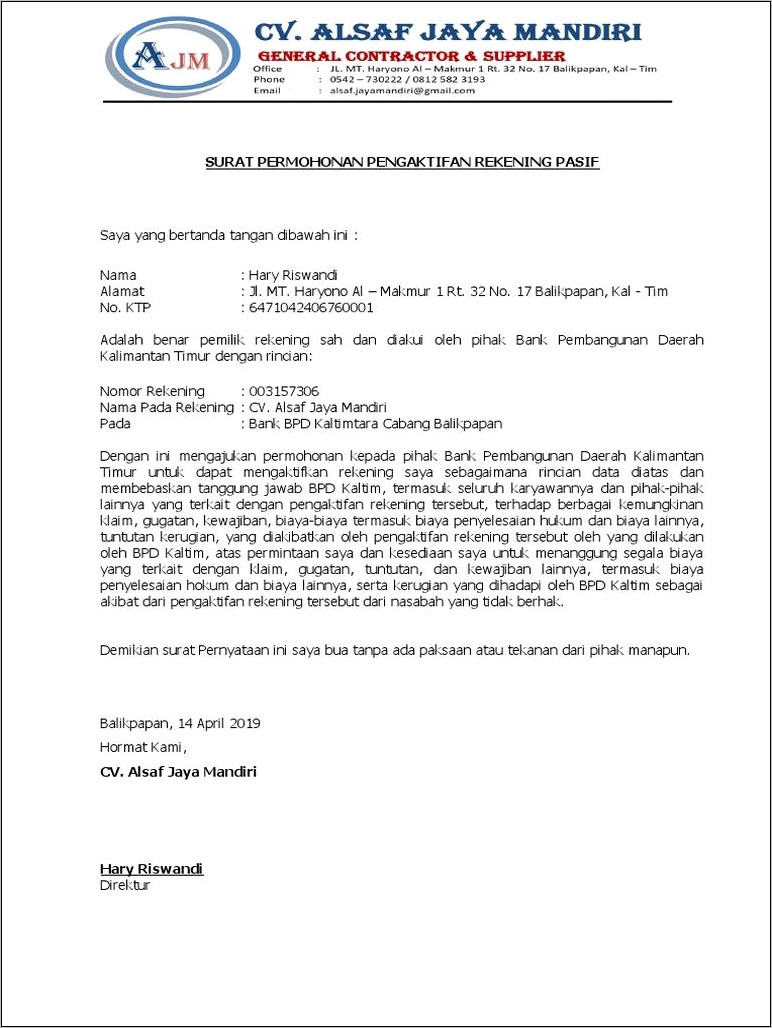 Contoh Surat Pengaktifan Rekening Dormant Perusahaan