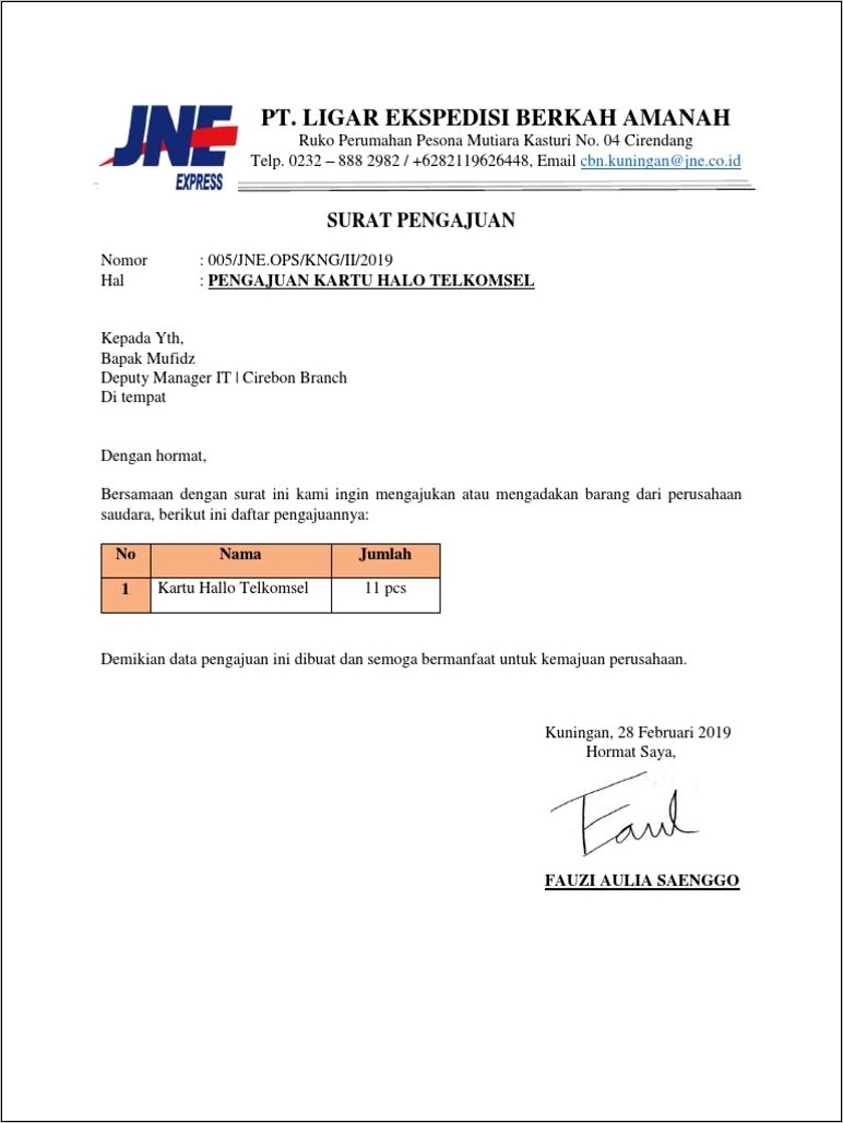 Contoh Surat Pengantar Perusahaan Untuk Grapari Perihal Pemindahan Kartu Halo