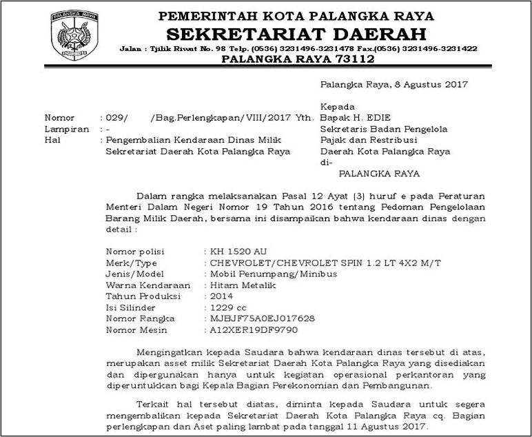 Contoh Surat Pengembalian Kendaraan Dinas