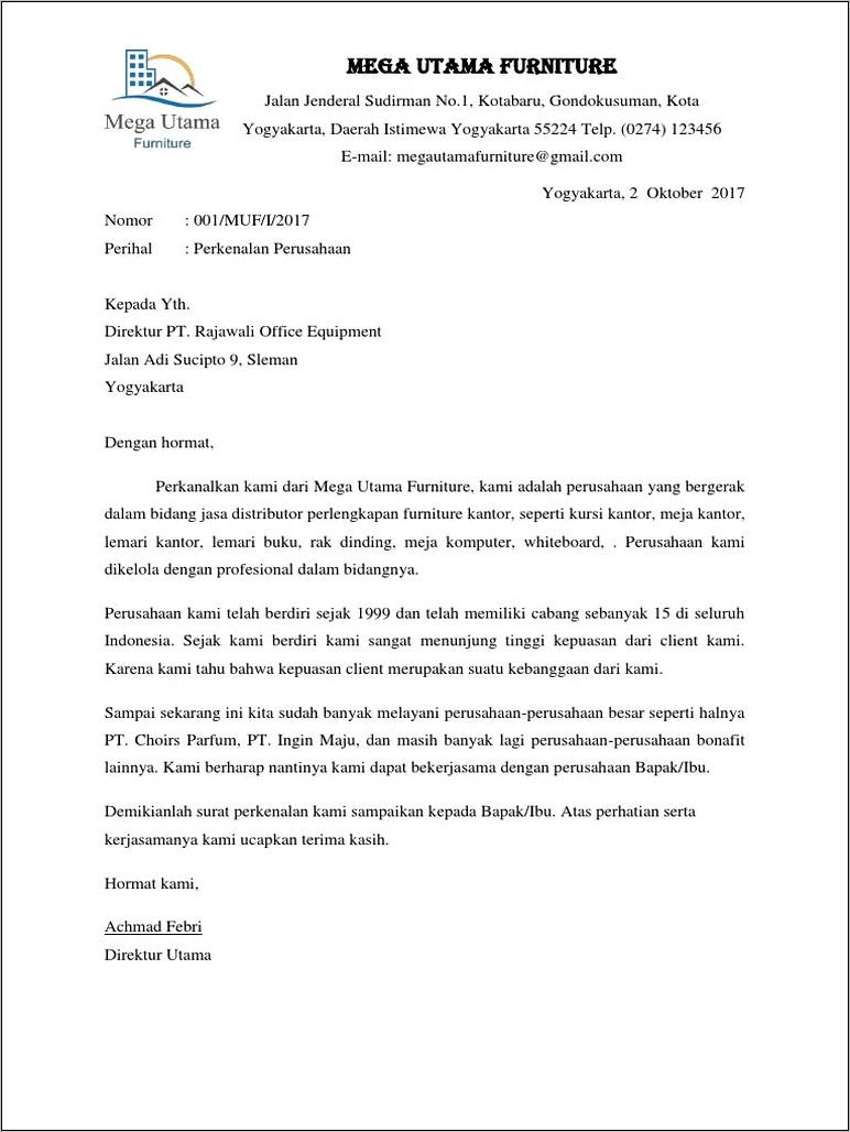 Contoh Surat Pengenalan Perusahaan