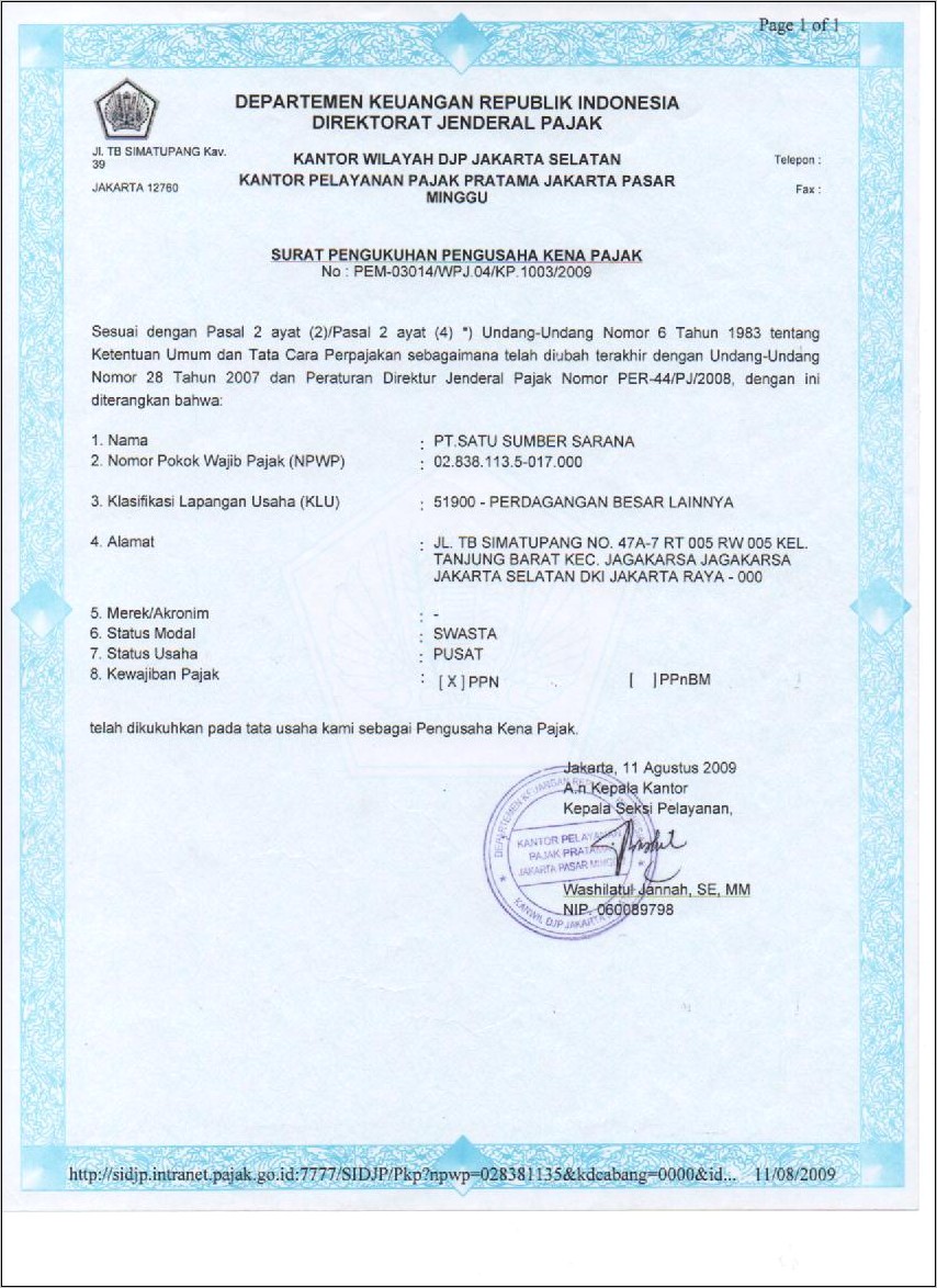 Contoh Surat Pengukuhan Perusahaan Kena Pajaka