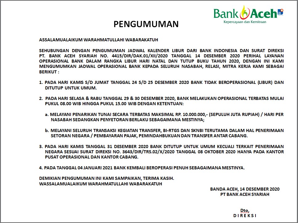 Contoh Surat Pengumuman Libur Lebaran Perusahaan