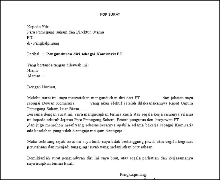 Contoh Surat Pengunduran Direktur Dari Perusahaan