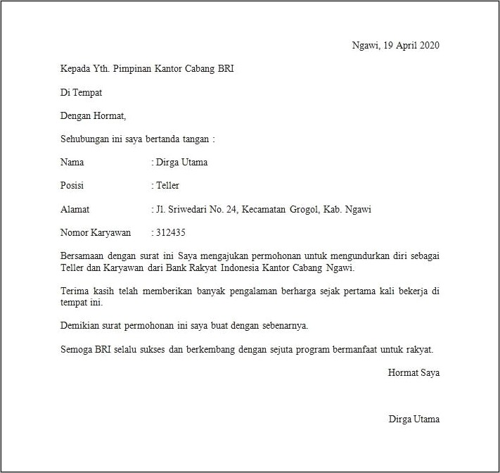 Contoh Surat Pengunduran Diri Dari Perusahaan Bank