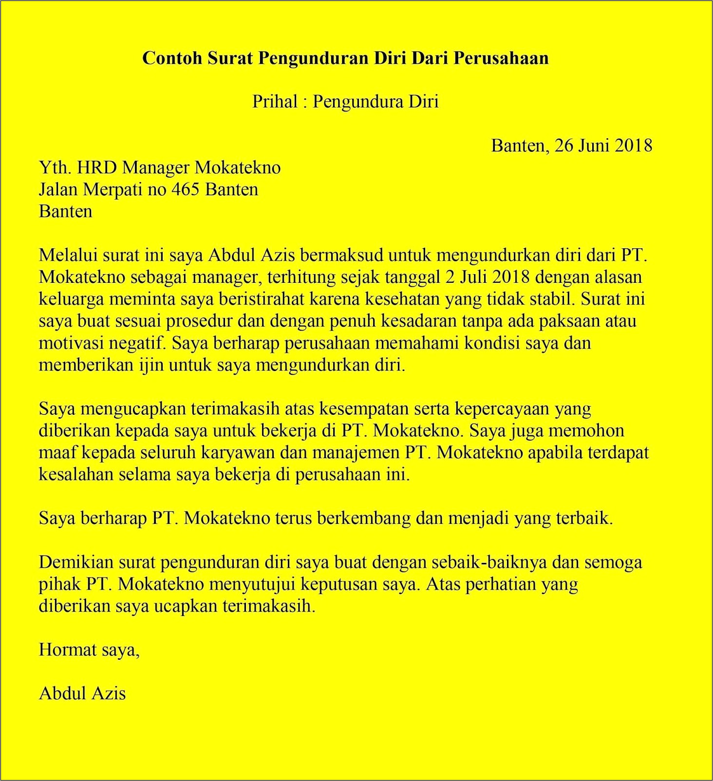 Contoh Surat Pengunduran Diri Dari Perusahaan Dalam Bahasa Inggris