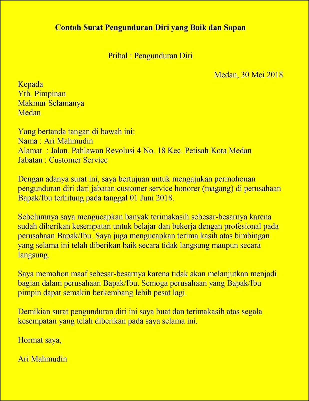 Contoh Surat Pengunduran Diri Dari Perusahaan Karena Sakit