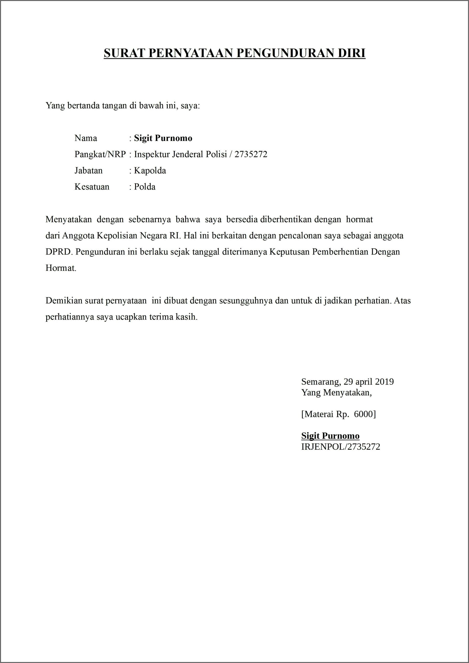 Contoh Surat Pengunduran Diri Dari Perusahaan Karna Hamil