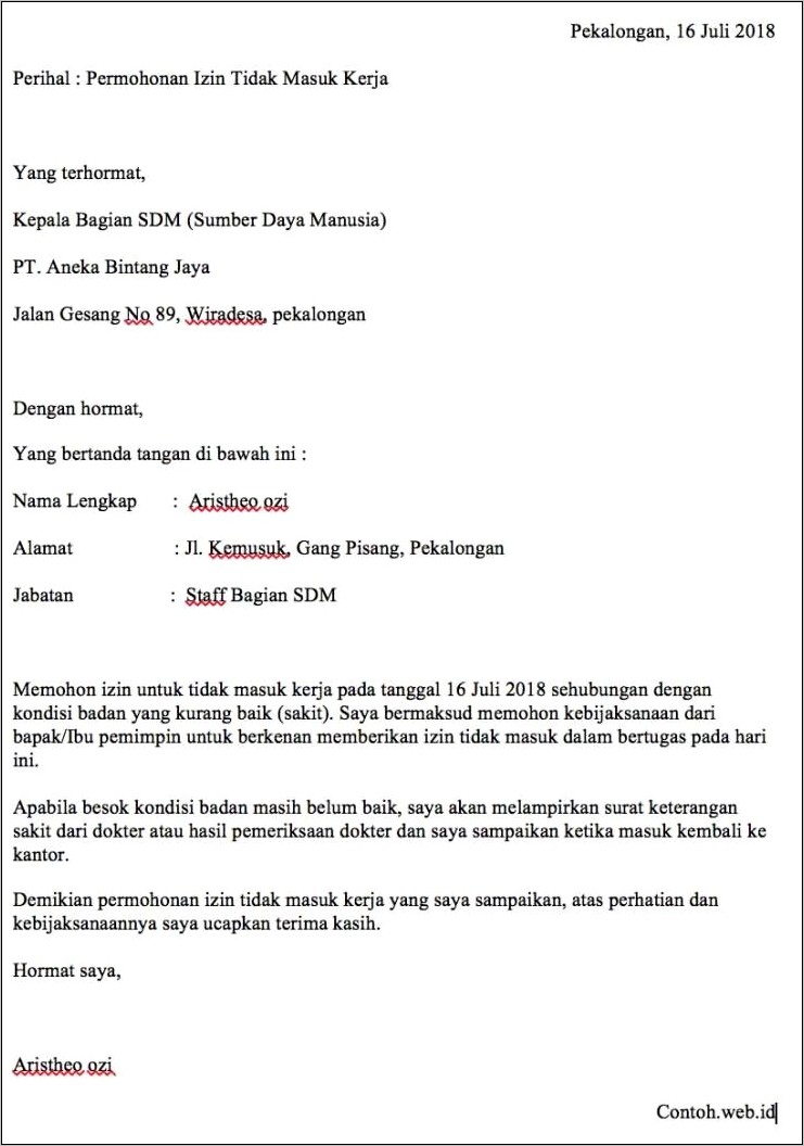 Contoh Surat Pengunduran Diri Dari Perusahaan Ke Dinas Ketenagakerjaan