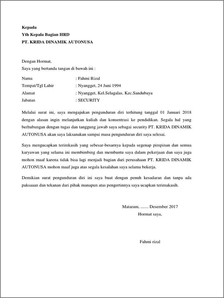 Contoh Surat Pengunduran Diri Dari Perusahaan Tambang