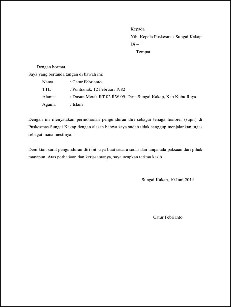 Contoh Surat Pengunduran Diri Dari Perusahaan Tanpa Memberitahu Alasan Pdf