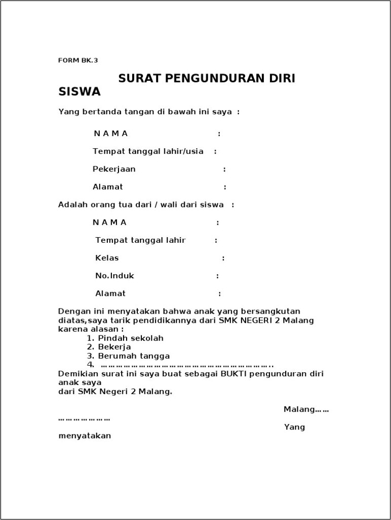 Contoh Surat Pengunduran Diri Dari Sekolah Sebagai Tata Usaha Doc