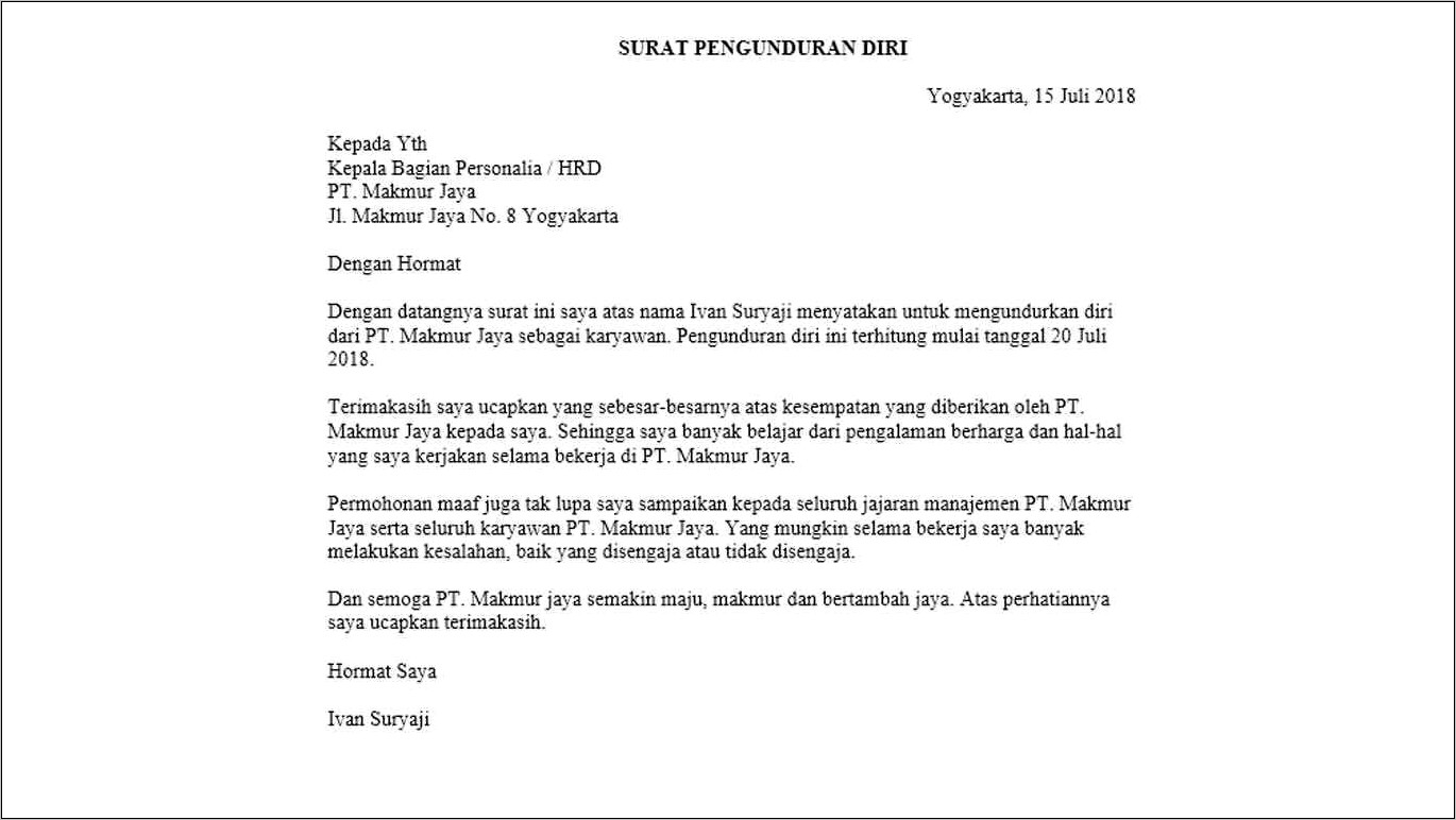 Contoh Surat Pengunduran Diri Dengan Alasan Usaha