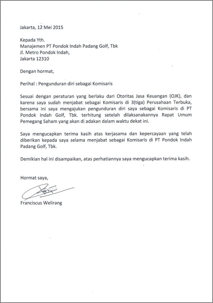 Contoh Surat Pengunduran Diri Direktur Utama Perusahaan